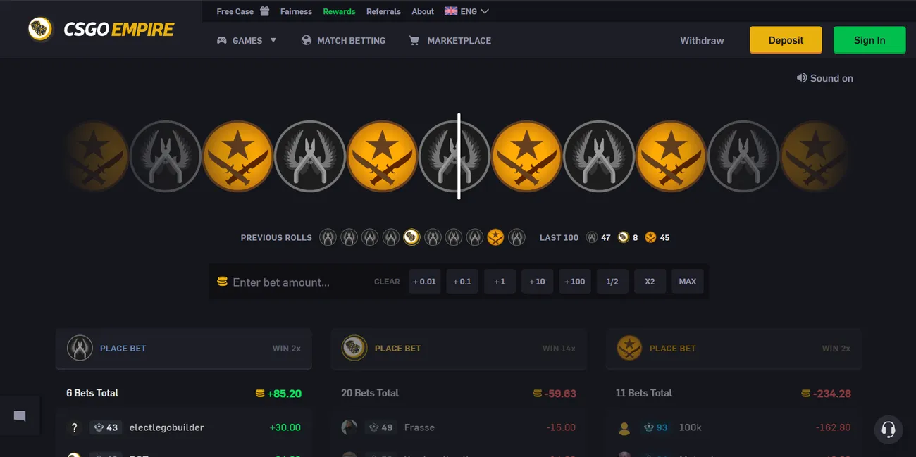 CSGOEmpire: Roulette on the first screen