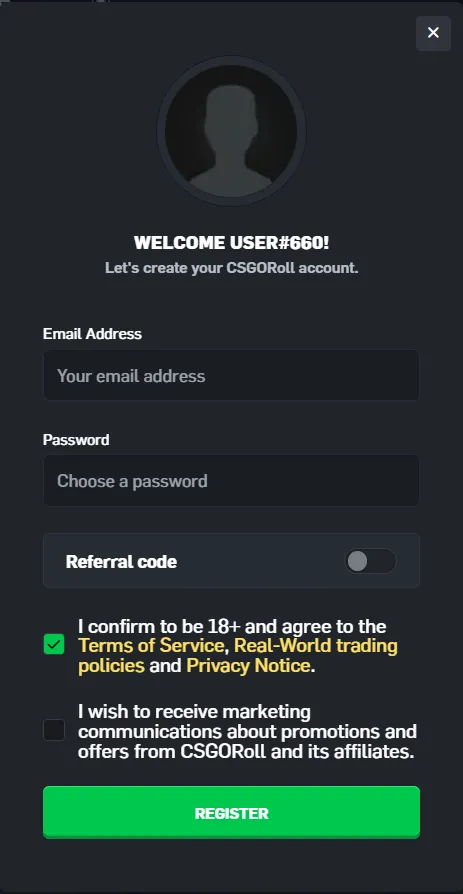 CSGORoll: Registration after Steam sign-in