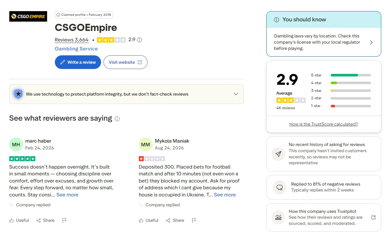 CSGOEmpire: Trustpilot profile
