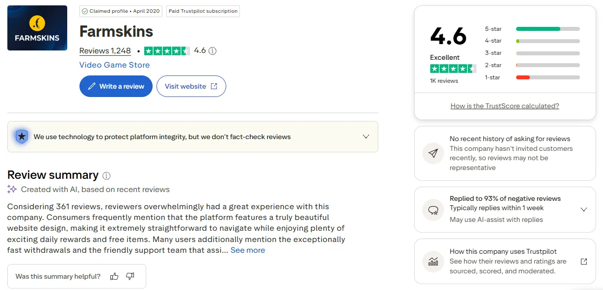 Farmskins: Trustpilot profile