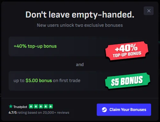 Tradeit: Pop-up with two bonuses